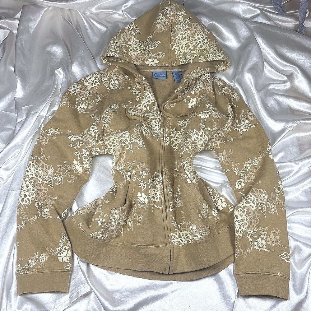 y2k Classic Elements Zip Up Hoodie Brown Excellent Floral Petite Large